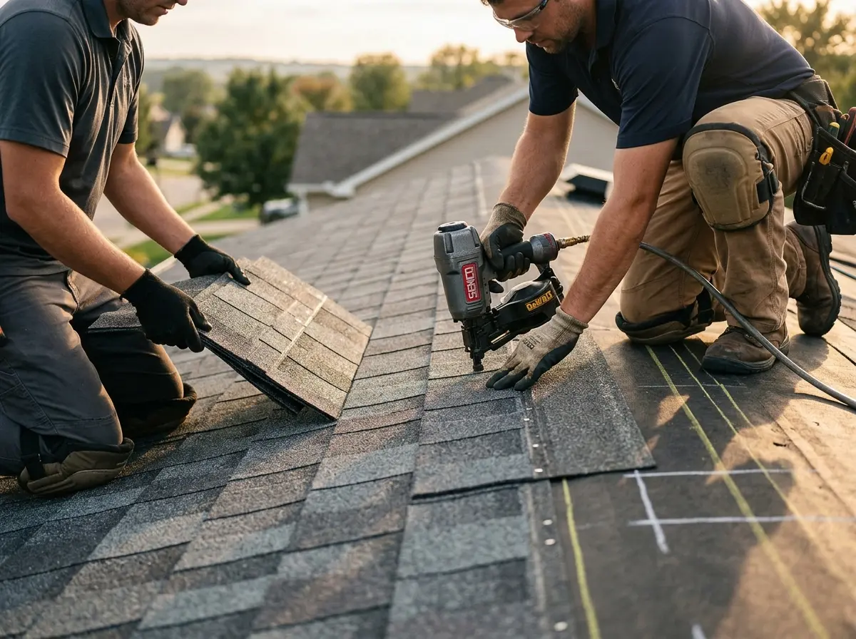 Professional roofer working on a residential roof in Absecon
